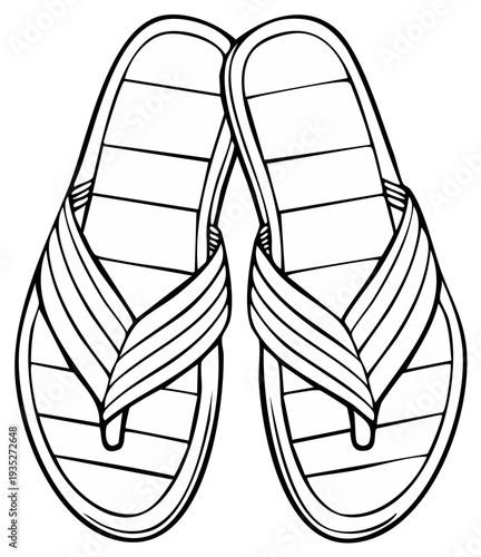 Black and white illustration of beach flip-flops on white background