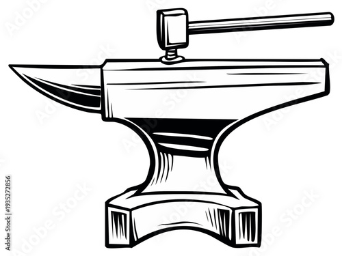 Black and White Illustration of a Classic Metal Anvil and Hammer
