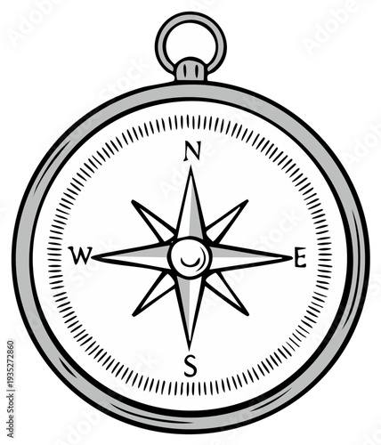 Illustration of a classic round compass showing cardinal directions for navigation and exploration