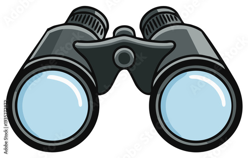 Cartoon style black binoculars with bright light blue lenses for vision exploration and outdoor discovery