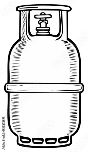 Illustrated propane gas tank with valve, fuel cylinder, and safety features.