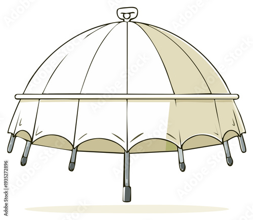Cartoon illustration of a beige and white umbrella