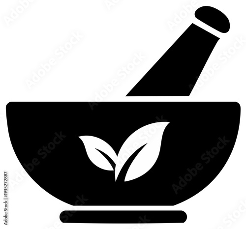 Black and white mortar and pestle icon with leaves