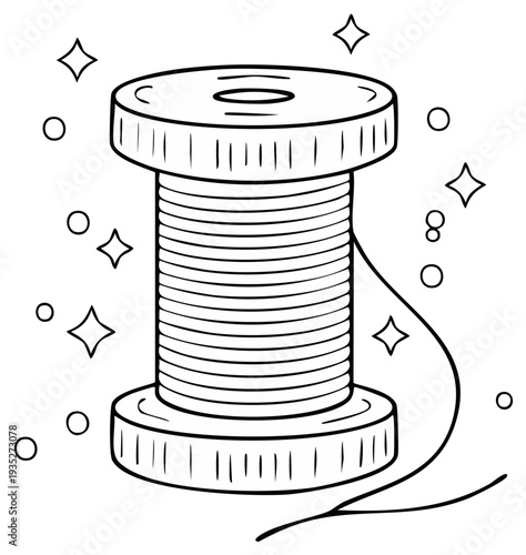 Hand drawn sewing thread spool with sparkling stars and circles in outline art style