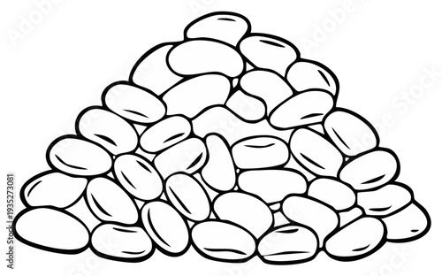 Pile of white beans, black outline, food illustration, culinary art