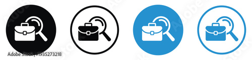 Briefcase icon behind a magnifying glass. Represents job search, professional recruitment, business auditing, or career analysis. Professional vector set.