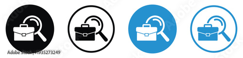 Briefcase icon behind a magnifying glass. Represents job search, professional recruitment, business auditing, or career analysis. Professional vector set.
