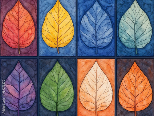 Colorful leaves arranged in a grid pattern showing various shapes and colors in a creative art display