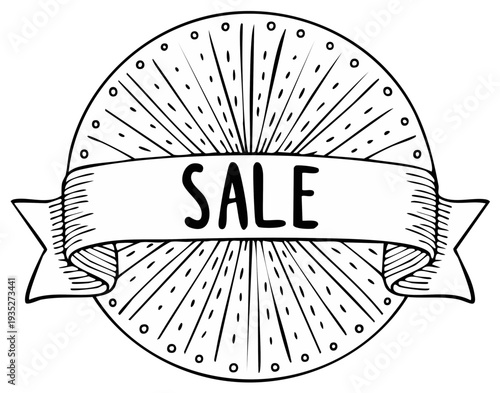 Vintage Hand Drawn Sale Ribbon Emblem with Radial Burst Design