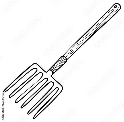 Black and white illustration of a garden pitchfork tool isolated.