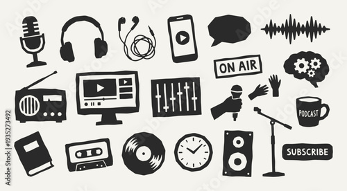 Podcast silhouette collection. Black icons set - microphone, headphones, audio waveform, radio, mixer, vinyl record, cassette, speaker, on air sign. Vector linocut style minimalist design elements.