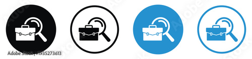 Briefcase icon behind a magnifying glass. Represents job search, professional recruitment, business auditing, or career analysis. Professional vector set.