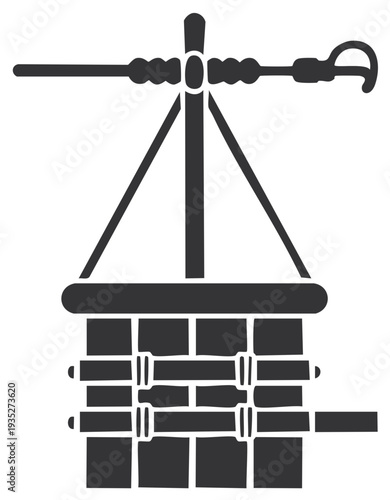 Ancient well silhouette isolated, drawing water concept, countryside life