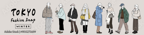 Minimal winter fashion illustration set of urban men and women outfits