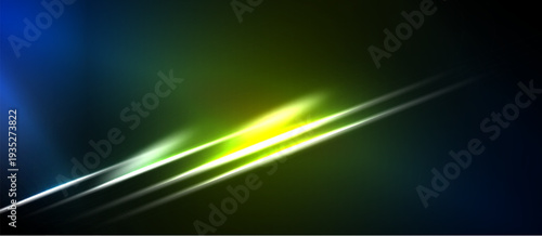 Abstract design features bright lines, gradients. Blue, green, yellow hues dominate dark background. Dynamic composition suggests speed, energy.