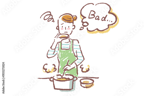 台所で料理しながら味見をする若い女性　シンプルなクレヨンタッチのイラスト