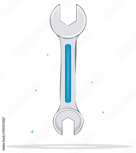 Bright metal wrench illustration with a distinctive blue handle stripe for repair and maintenance concepts.