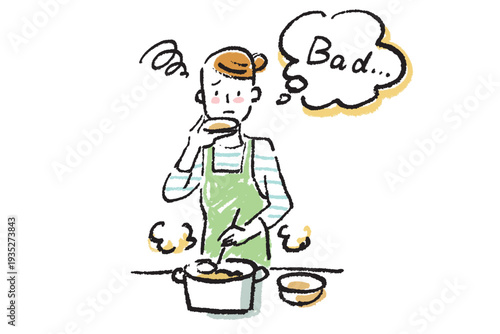 台所で料理しながら味見をする若い女性　シンプルなクレヨンタッチのイラスト