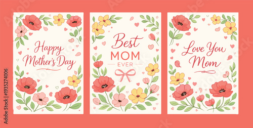 Hand drawn floral Mothers Day greeting card set with spring flowers and hearts