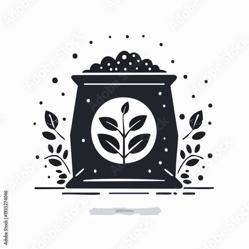 Monochromatic illustration of a fertilizer or soil bag, featuring a stylized plant sprout symbol, representing natural growth, sustainable farming, and gardening concepts