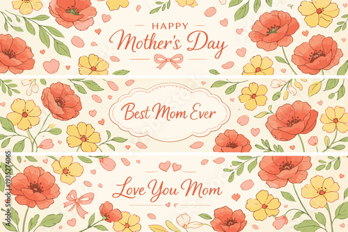 Hand drawn floral Mothers Day banner set with spring flowers and hearts