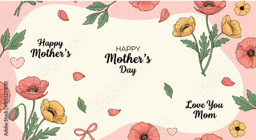 Hand drawn floral Mothers Day banner and background set with spring poppy flowers
