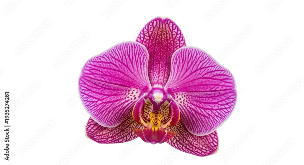 Fototapeta premium Isolated magenta orchid flower bloom, beautiful vibrant petals and center on display indoors