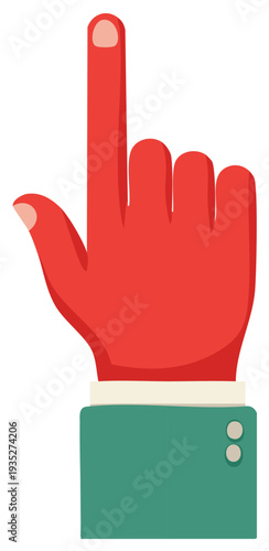Red hand with index finger pointing up wearing a teal cuff sleeve and cream shirt