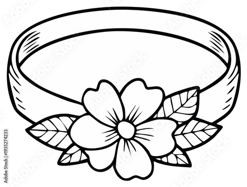 Outline Drawing of a Flower and Leaf Embellished Ring for Jewelry Design