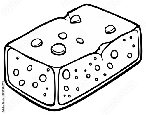 Cartoon outline of a porous square block of cheese with holes and dimples isolated