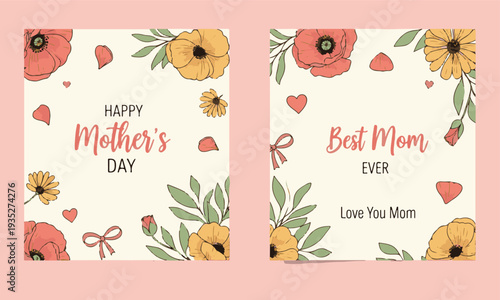 Hand drawn floral Mothers Day banner and greeting card collection with poppy flowers