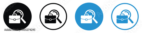 Briefcase icon behind a magnifying glass. Represents job search, professional recruitment, business auditing, or career analysis. Professional vector set.