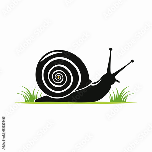 Silhouette of a snail moving through vibrant green grass against a clean white background, emphasizing nature and simplicity