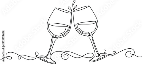 Minimalist continuous line drawing of two wine glasses clinking for a toast celebration party event and romantic dinner date (20 words)
