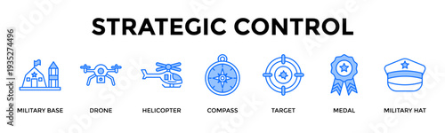 Strategic Control Icon Set Collection Pack Banner Web Vector Illustration  Concept Containing Coordinate Command Oversight And Recognize Mission Achievement