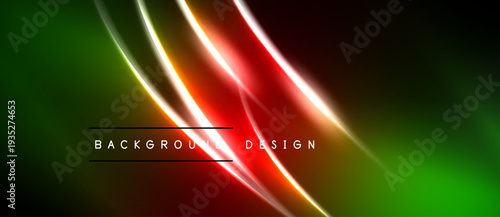 Abstract neon lights create vibrant background. Red, green, yellow hues blend smoothly, forming dynamic curves. Text reads background design.