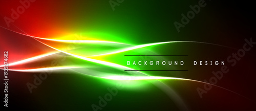 Vibrant abstract lines create dynamic colorful background. Smooth gradients blend red, green, yellow hues. Modern design element.