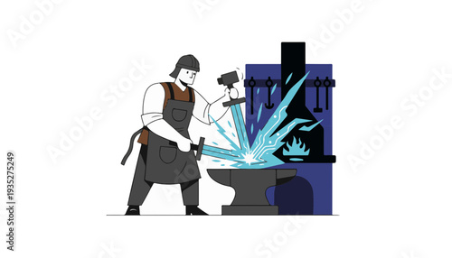 Industrial Blacksmith Forging Glowing Steel Sword in Dark Forge for Metalworking Workshop Promotion and Father's Day Gift Ideas
