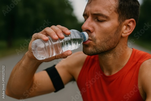 Man drinking water from a plastic bottle after an intense outdoor run, replenishing fluids to rehydrate and refresh during fitness training and post run cool down routine