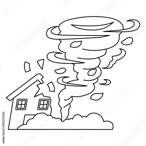 Tornado twister disaster vector illustration, cyclone storm icon, tornado or hurricane destroying a house line drawing, wind storm disaster line art illustration, natural disaster coloring page
