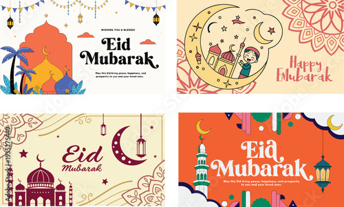 A set of eid cards of crescent moon, holy ramadan, eid festival