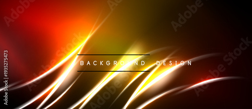 Abstract design features vibrant orange, yellow streaks. Dark background creates dramatic contrast. Text reads background design. Smooth curves dominate composition.