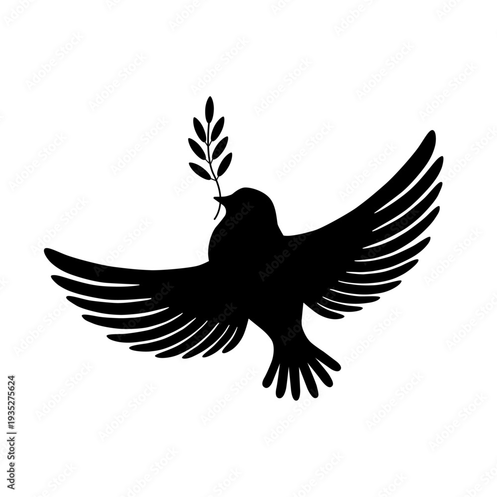 Fototapeta premium Silhouette Peace dove with olive branch. Vector illustration. Isolated on white background. 