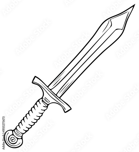 Outlined illustration of a medieval sword with ornate handle, weapon concept, isolated.