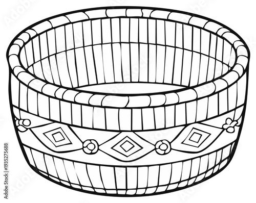 Traditional Woven Basket with Geometric Pattern and Floral Embellishments Hand Drawn Illustration