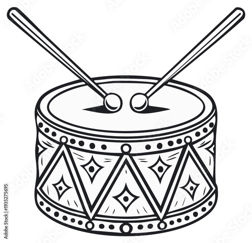 Traditional Drum Illustration with Drumsticks. Hand Drawn Style. Black and White