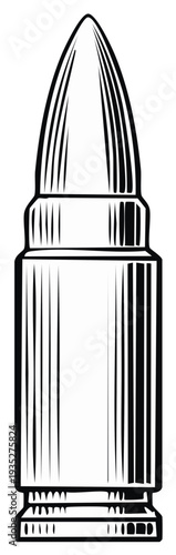 Isolated Rifle Bullet with Engraved Details in Black and White