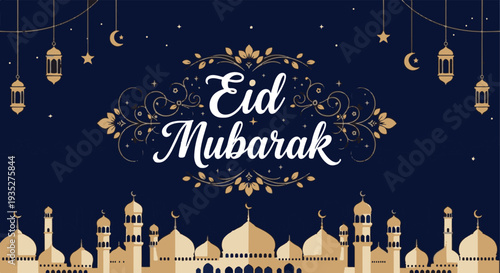 Eid Mubarak greeting card design with mosque silhouette and festive holiday background illustration