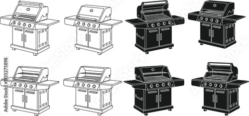 Outdoor gas grill vector illustrations set featuring various barbecue designs in line art and black silhouette for summer backyard cooking.
