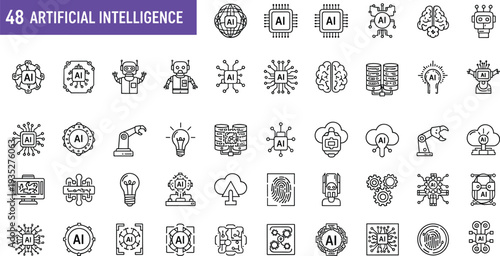 Artificial Intelligence and machine learning icons set, cad drawing flat vector illustration, robotic automation, neural network, and digital technology symbols.